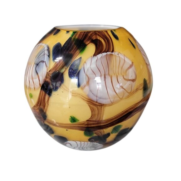 Vintage Murano Style Round Hand Blown Glass Vase Yellow Cobalt - Picture 3 of 9